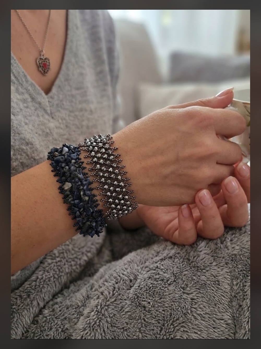 Handcrafted Dark Blue and Silver Beaded Stretch Bracelet Set